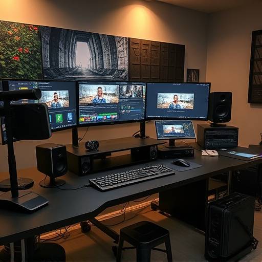 Une station de montage vid√©o avec des √©crans affichant un logiciel de montage.